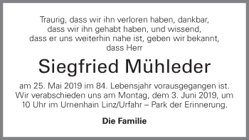 Traueranzeige von Siegfried Mühleder von OÖNachrichten