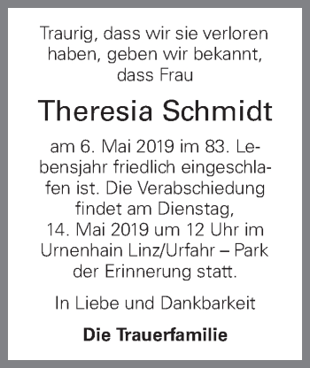 Traueranzeige von Theresia Schmidt von OÖNachrichten