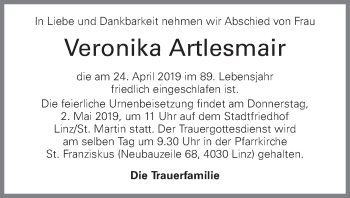 Traueranzeige von Veronika Artlesmair von OÖNachrichten