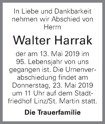 Traueranzeige von Walter Harrak von OÖNachrichten