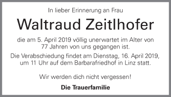 Traueranzeige von Waltraud Zeitlhofer von OÖNachrichten