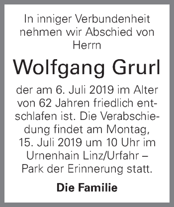 Traueranzeige von Wolfgang Grurl von OÖNachrichten
