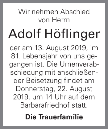Traueranzeige von Adolf Höflinger von OÖNachrichten