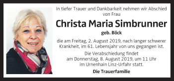Traueranzeige von Christa Maria Simbrunner von OÖNachrichten