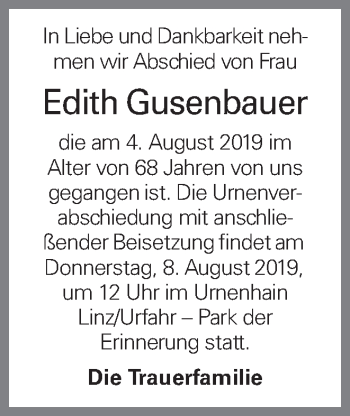 Traueranzeige von Edith Gusenbauer von OÖNachrichten