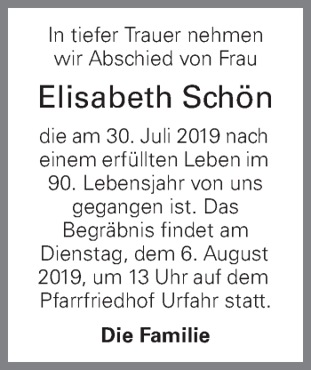 Traueranzeige von Elisabeth Schön von OÖNachrichten