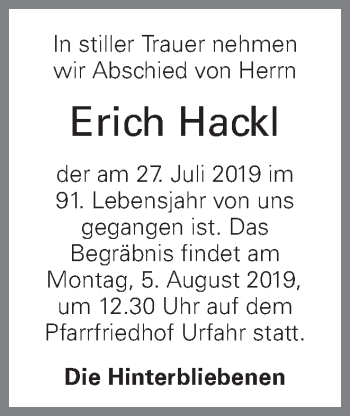 Traueranzeige von Erich Hackl von OÖNachrichten