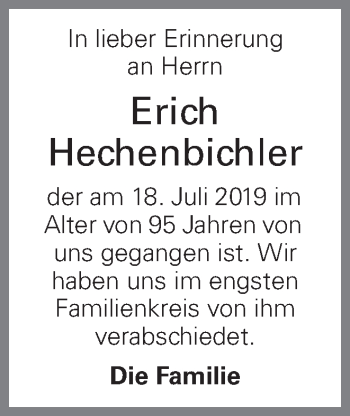 Traueranzeige von Erich Hechenbichler von OÖNachrichten