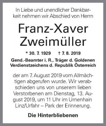 Traueranzeige von Franz-Xaver Zweimüller von OÖNachrichten