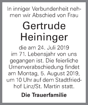 Traueranzeige von Gertrude Heininger von OÖNachrichten
