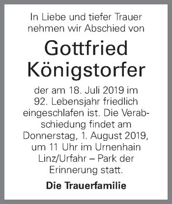 Traueranzeige von Gottfried Königstorfer von OÖNachrichten