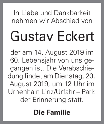Traueranzeige von Gustav Eckert von OÖNachrichten