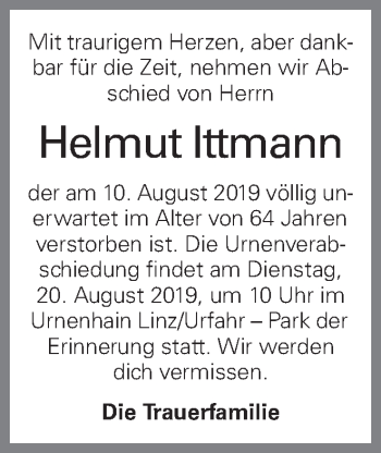 Traueranzeige von Helmut Ittmann von OÖNachrichten