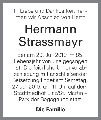 Traueranzeige von Hermann Strassmayr von OÖNachrichten