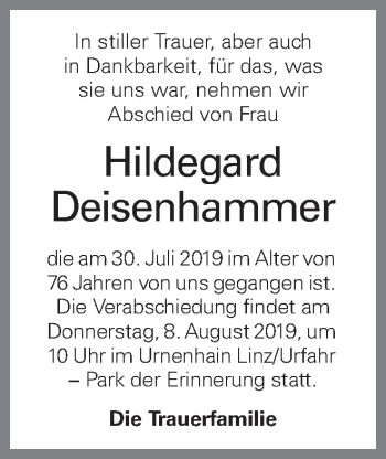 Traueranzeige von Hildegard Deisenhammer von OÖNachrichten