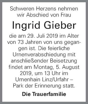 Traueranzeige von Ingrid Gieber von OÖNachrichten