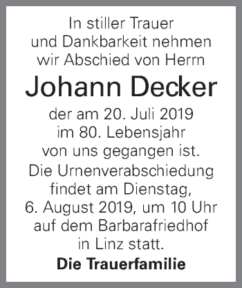 Traueranzeige von Johann Decker von OÖNachrichten