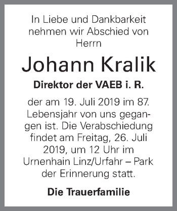 Traueranzeige von Johann Kralik von OÖNachrichten