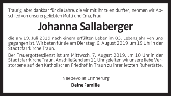 Traueranzeige von Johanna Sallaberger von OÖNachrichten