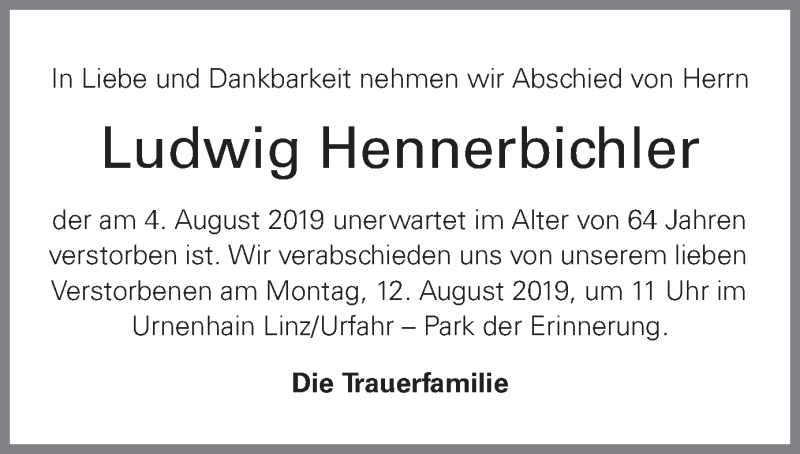  Traueranzeige für Ludwig Hennerbichler vom 07.08.2019 aus OÖNachrichten
