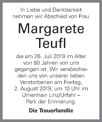 Traueranzeige von Margarete Teufl von OÖNachrichten