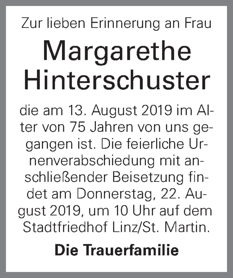  Traueranzeige für Margarethe Hinterschuster vom 17.08.2019 aus OÖNachrichten