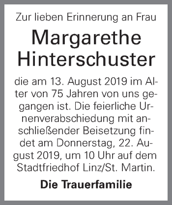 Traueranzeige von Margarethe Hinterschuster von OÖNachrichten