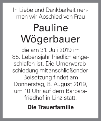 Traueranzeige von Pauline Wögerbauer von OÖNachrichten