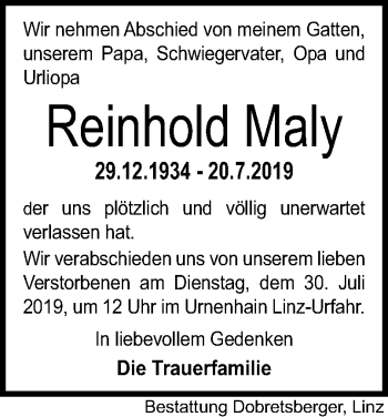 Traueranzeige von Reinhold Maly von OÖNachrichten