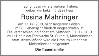 Traueranzeige von Rosina Mahringer von OÖNachrichten