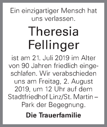 Traueranzeige von Theresia Fellinger von OÖNachrichten