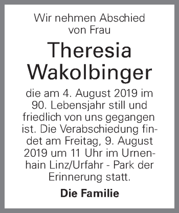 Traueranzeige von Theresia Wakolbinger von OÖNachrichten