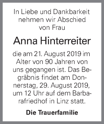 Traueranzeige von Anna Hinterreiter von OÖNachrichten