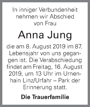 Traueranzeige von Anna Jung von OÖNachrichten