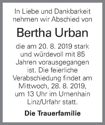Traueranzeige von Bertha Urban von OÖNachrichten