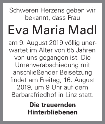 Traueranzeige von Eva Maria Madl von OÖNachrichten