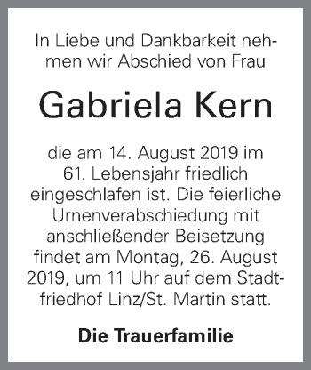 Traueranzeige von Gabriela Kern von OÖNachrichten
