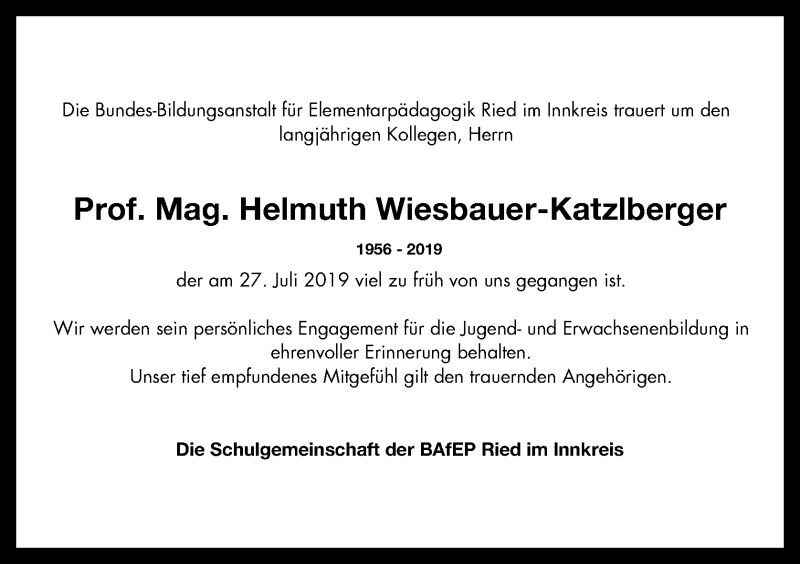  Traueranzeige für Helmuth Wiesbauer-Katzlberger vom 01.08.2019 aus OÖNachrichten