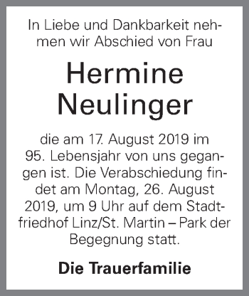 Traueranzeige von Hermine Neulinger von OÖNachrichten