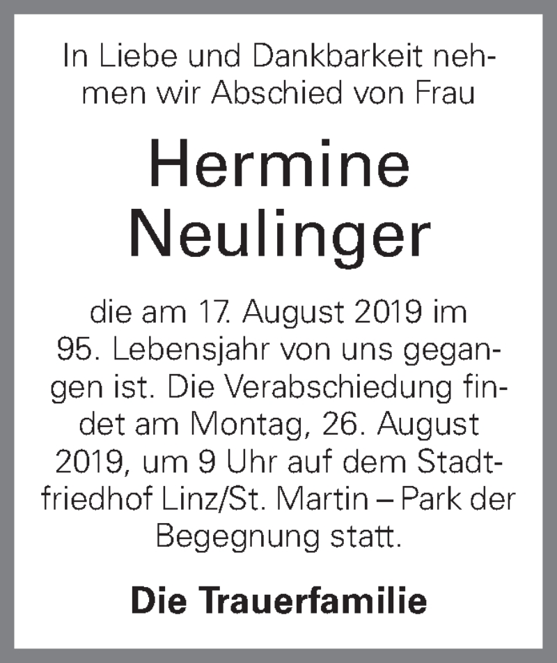  Traueranzeige für Hermine Neulinger vom 21.08.2019 aus OÖNachrichten