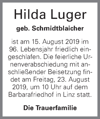 Traueranzeige von Hilda Luger von OÖNachrichten