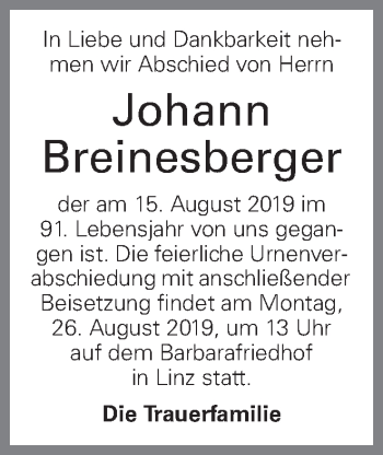 Traueranzeige von Johann Breinesberger von OÖNachrichten