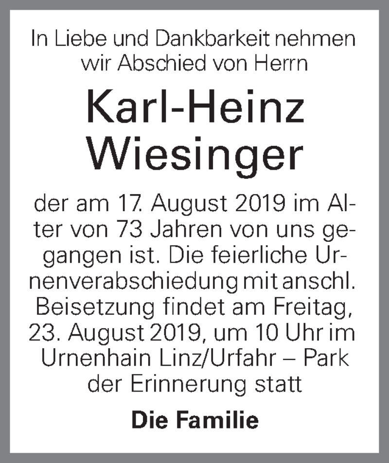  Traueranzeige für Karl-Heinz Wiesinger vom 21.08.2019 aus OÖNachrichten