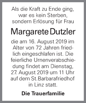 Traueranzeige von Margarete Dutzler von OÖNachrichten