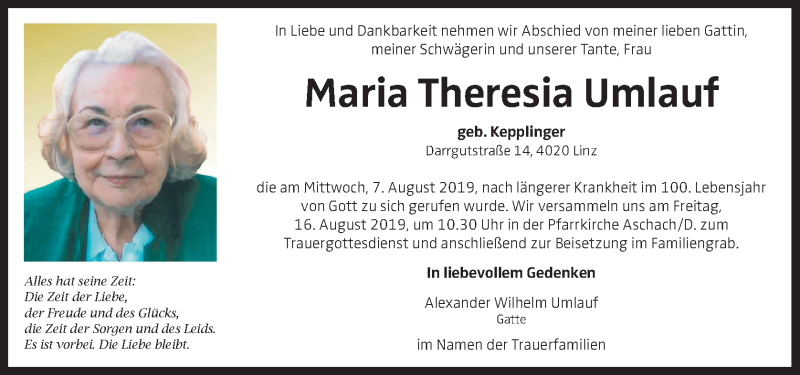  Traueranzeige für Maria Theresia Umlauf vom 13.08.2019 aus OÖNachrichten