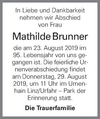 Traueranzeige von Mathilde Brunner von OÖNachrichten