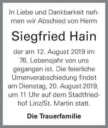 Traueranzeige von Siegfried Hain von OÖNachrichten