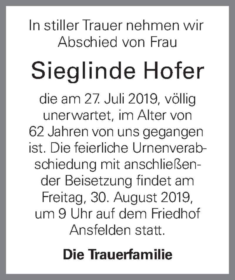  Traueranzeige für Sieglinde Hofer vom 28.08.2019 aus OÖNachrichten