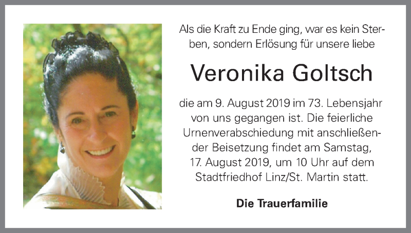  Traueranzeige für Veronika Goltsch vom 13.08.2019 aus OÖNachrichten