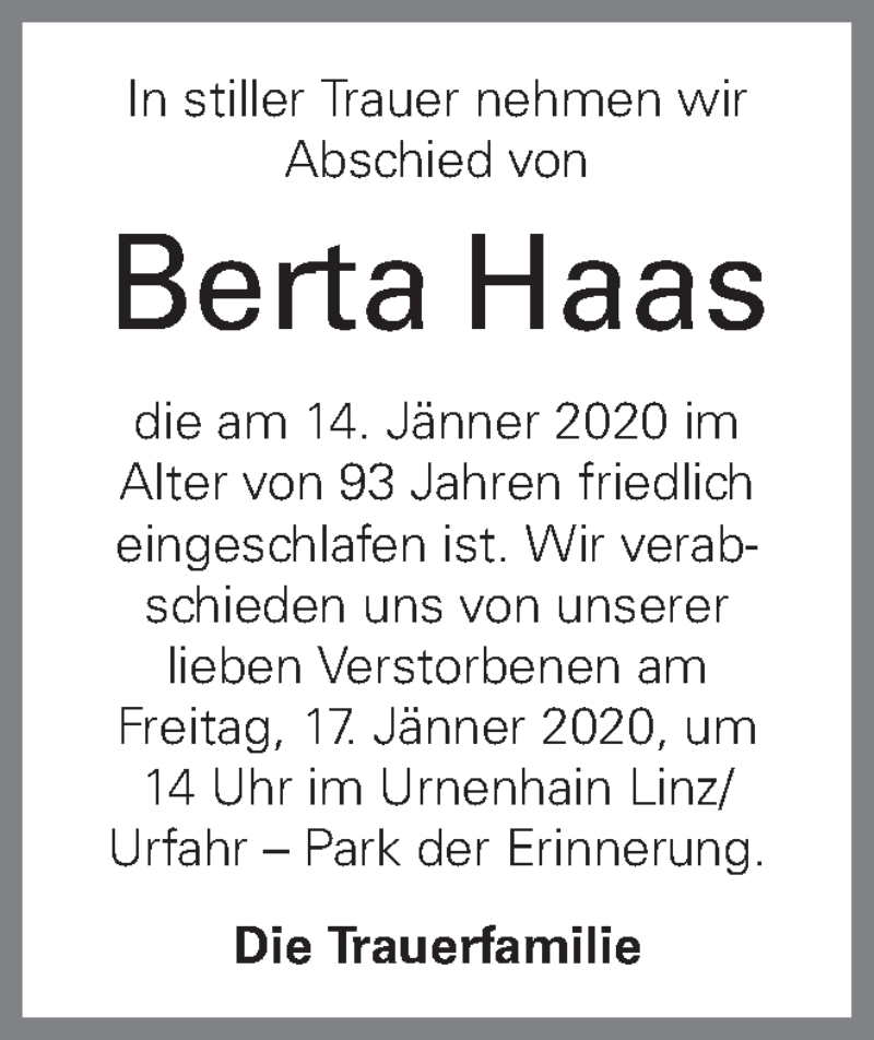  Traueranzeige für Berta Haas vom 16.01.2020 aus OÖNachrichten